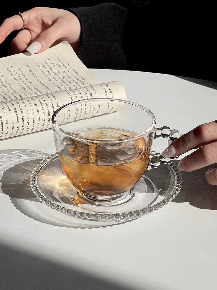 195/200ml Retro French Glass Coffee Cup And Plate Home Afternoon Tea Beads Handle Breakfast Milk Cup Dish Flower Cup Saucer Sets