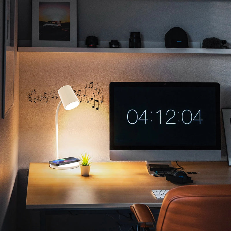 Dimmable LED Table Lamp Bluetooth Speaker with Fast Wireless Charger 360 Rotate Eye Desktop Reading Night Lights