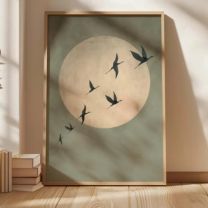 Sage Green Japandi Art Print - Large Abstract Sun and Flying Birds Wall Art, Frameless Canvas for Living Room and Bedroom Decor