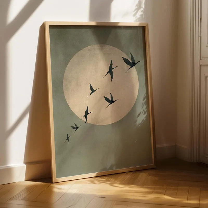 Sage Green Japandi Art Print - Large Abstract Sun and Flying Birds Wall Art, Frameless Canvas for Living Room and Bedroom Decor