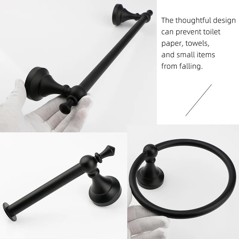 Matte Black Bathroom Accessories Hardware Set Aluminum Alloy Wall Mount Towel Bar Towel Ring Toilet Roll Paper Holder Robe Hook