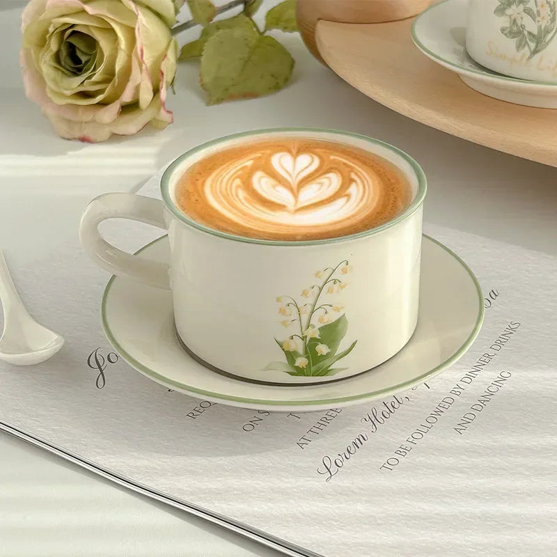 380ML Coffee Cups Saucer Set Retro Ceramic with Handle Lily of The Valley  Luxury Afternoon Tea Cup and Saucer Milk Mocha Cup