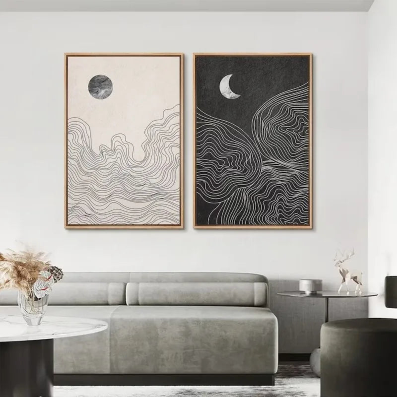 Abstract Neutral Boho Sun Moon Line Art Canvas Painting Print, Black and White Picture Artwork, Modern Minimalist Room Decor