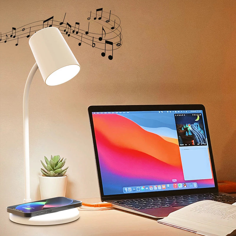 Dimmable LED Table Lamp Bluetooth Speaker with Fast Wireless Charger 360 Rotate Eye Desktop Reading Night Lights