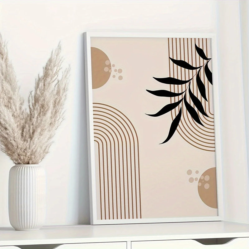 3pcs Modern Wall Art Boho Gallery,Mid Century Modern Prints,Neutral Art Boho Brown Geometric Black Leaves Canvas Print,No Frame