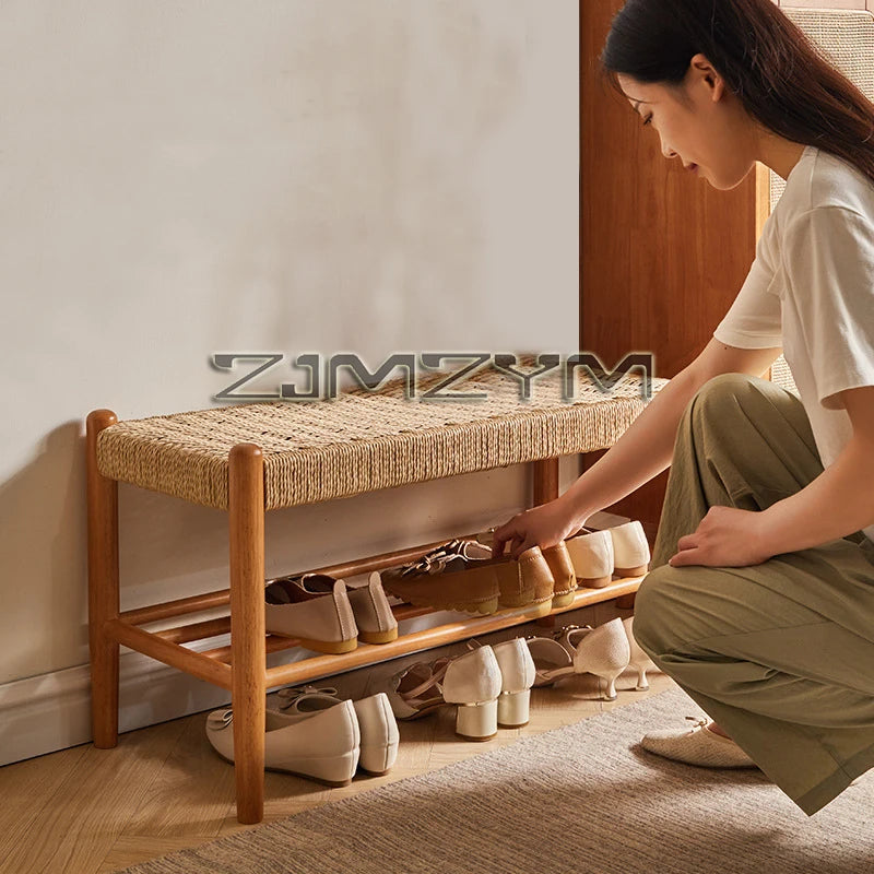 Solid Wood Rattan Woven Shoe Stool Retro Style Porch Shoe Rack Shoe Changing Stool Furniture Blending Tradition with Modern
