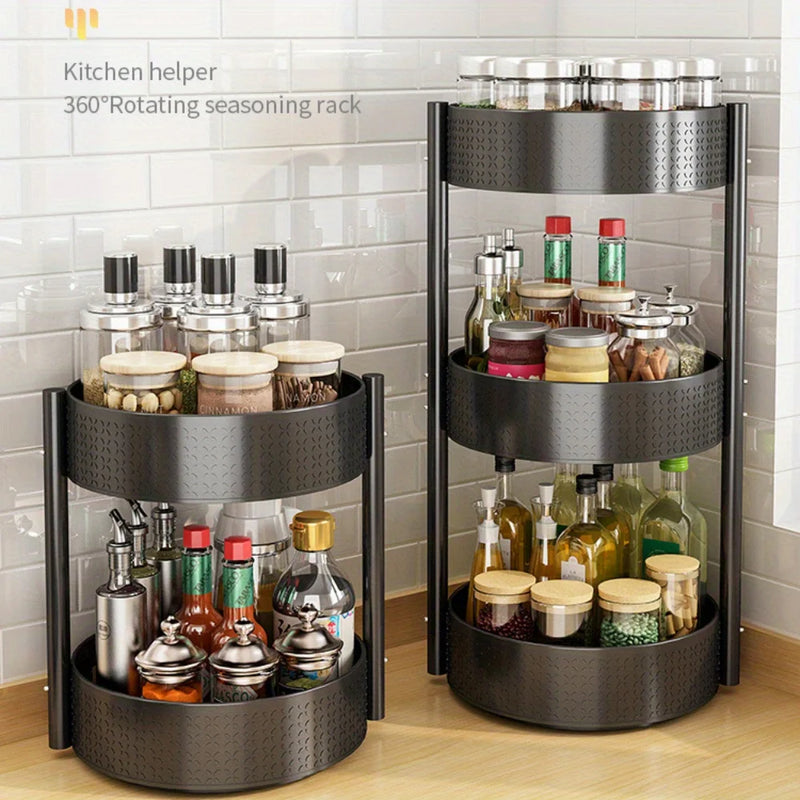 360° Rotating Spice Rack Organizer - 3-Tier Space-Saving Carousel for Oil/Vinegar/Seasonings Countertop Cabinet Storage Solution