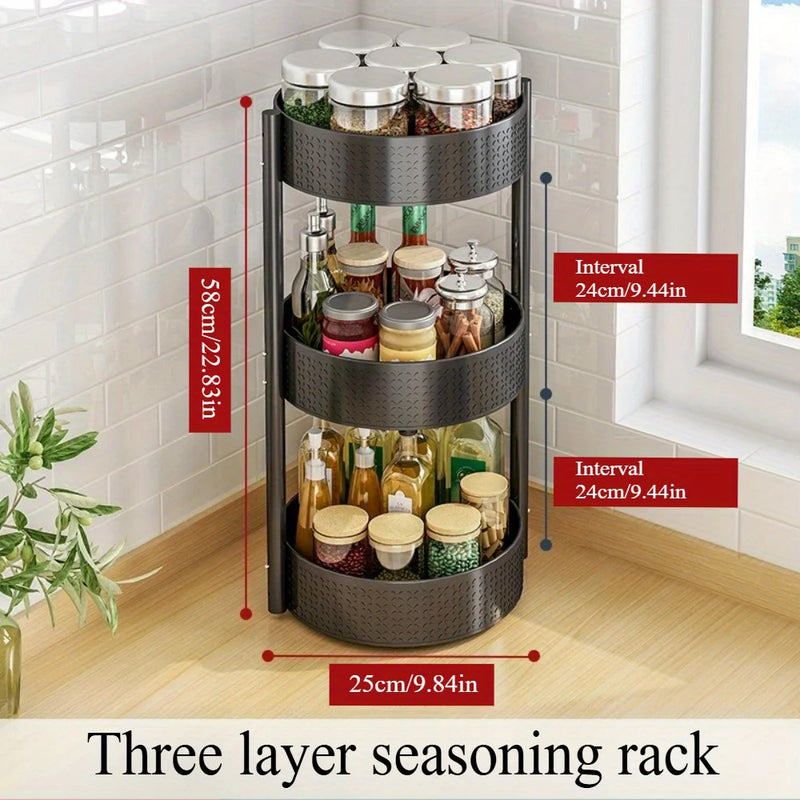 360° Rotating Spice Rack Organizer - 3-Tier Space-Saving Carousel for Oil/Vinegar/Seasonings Countertop Cabinet Storage Solution