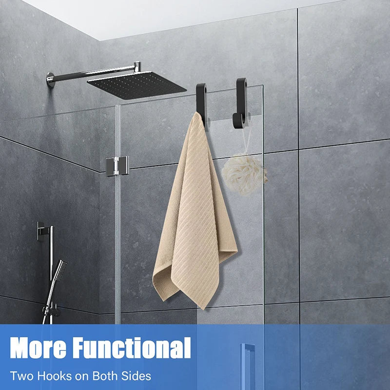 2pcs Bathrobe Hanger Shower Room Glass Over Door Hanging Hooks Punch-free Waterproof Towel Hanger Metal S-Shape Bath Towel Hooks