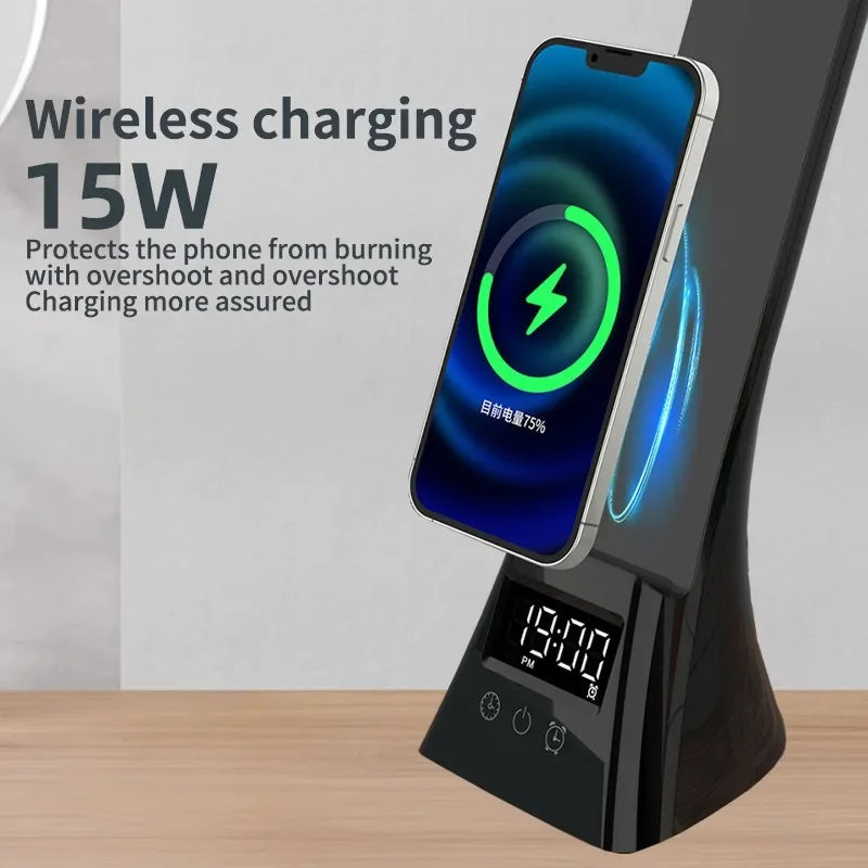 Multifunction LED Desk Lamp with Wireless Charger Digital Clock  Alarm USB 3 Colors Dimmable Study Light for Office Bedroom