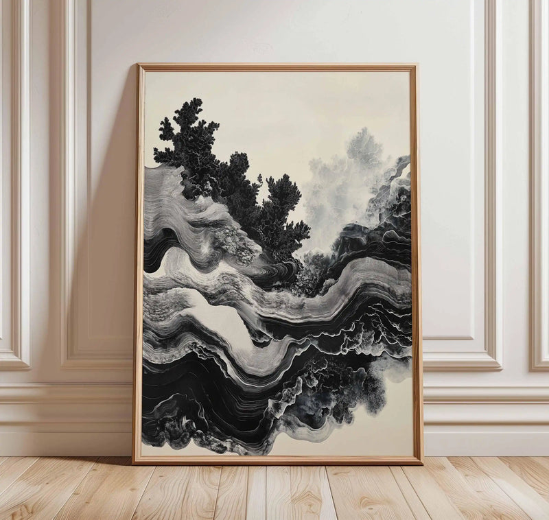 Abstract Black And White Flowing Lines Ink Landscape Minimalist Poster Print Wall Art Pictures Canvas Painting Room Home Decor