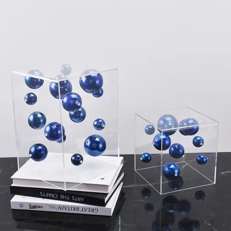 Geometric Metal Ball Art Transparent Acrylic Box Ornaments Modern Minimalist Square Living Room Decorations Desktop Furnishings