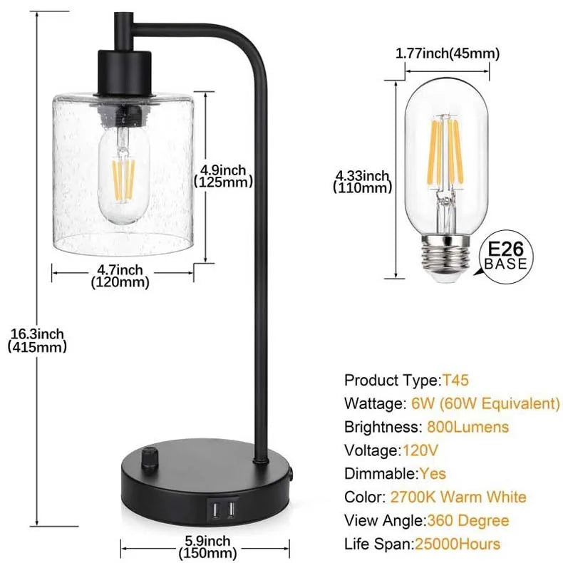 Minimalist Modern Industrial Retro Glass Table Lamp Knob Dimmer Switch USB Mobile Phone Charging Bedroom Bedside Night Light
