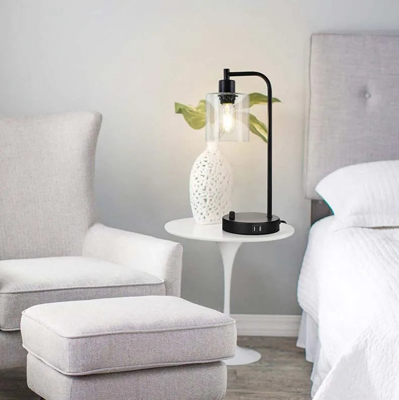Minimalist Modern Industrial Retro Glass Table Lamp Knob Dimmer Switch USB Mobile Phone Charging Bedroom Bedside Night Light