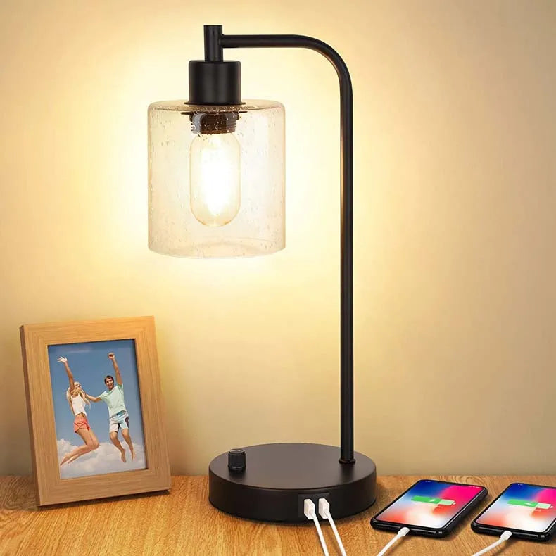 Minimalist Modern Industrial Retro Glass Table Lamp Knob Dimmer Switch USB Mobile Phone Charging Bedroom Bedside Night Light
