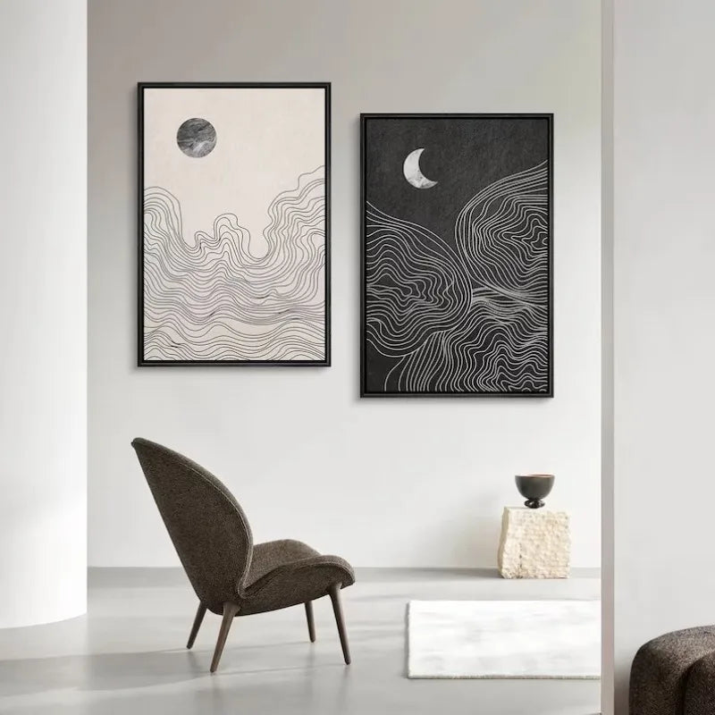 Abstract Neutral Boho Sun Moon Line Art Canvas Painting Print, Black and White Picture Artwork, Modern Minimalist Room Decor