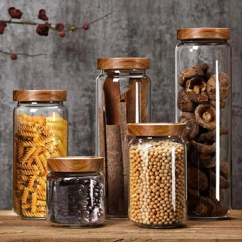 1Pcs Glass Food Storage Jars,Glass Storage Containers Clear Glass Food Canister with Bamboo Lid Airtight For Coffee,Flour, Sugar