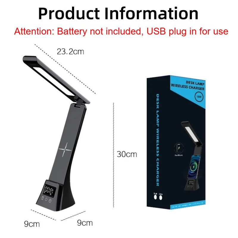 Multifunction LED Desk Lamp with Wireless Charger Digital Clock  Alarm USB 3 Colors Dimmable Study Light for Office Bedroom