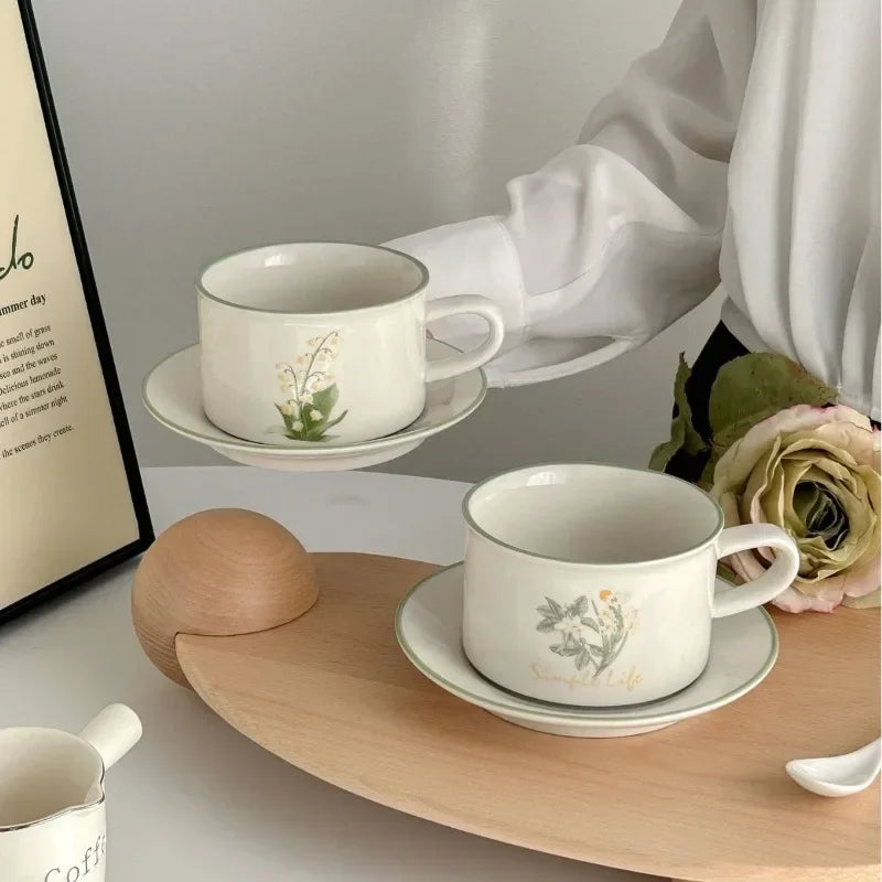 380ML Coffee Cups Saucer Set Retro Ceramic with Handle Lily of The Valley  Luxury Afternoon Tea Cup and Saucer Milk Mocha Cup
