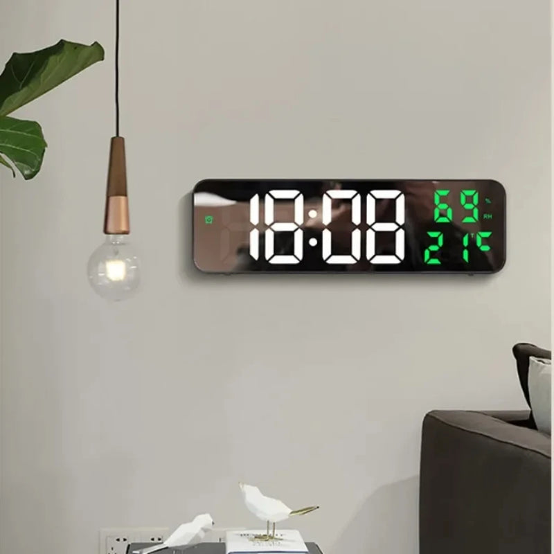 9 Inch LED Wall Clock with Temp & Humidity Display USB Plugin Night Mode & Snooze 12/24H Format