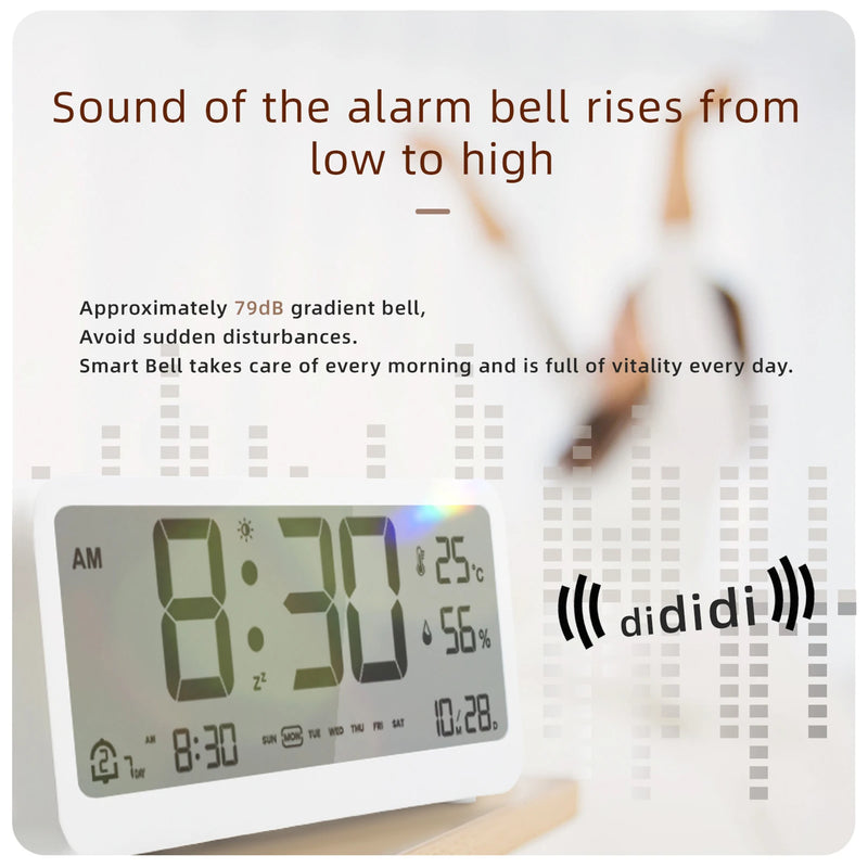 8001-EN Multifunctional Digital Clock LED Brightness Adjustable Temperature Humidity Displaying Alarm Clock with Dual Alarms
