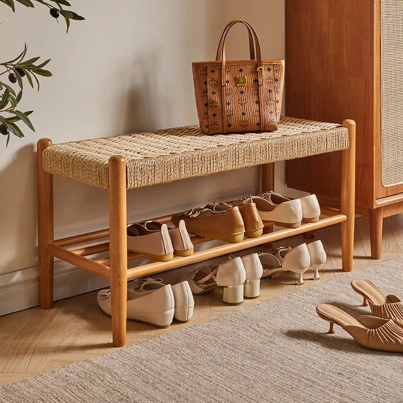 Solid Wood Rattan Woven Shoe Stool Retro Style Porch Shoe Rack Shoe Changing Stool Furniture Blending Tradition with Modern