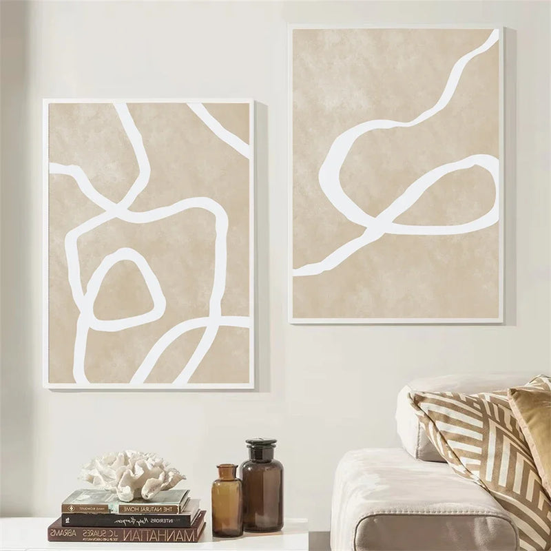 Neutral Boho Beige Posters Abstract White Lines Wall Art Canvas Painting Prints Pictures Modern Living Room Interior Home Decor
