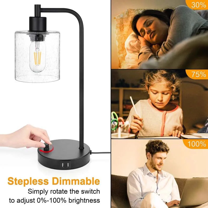 Minimalist Modern Industrial Retro Glass Table Lamp Knob Dimmer Switch USB Mobile Phone Charging Bedroom Bedside Night Light