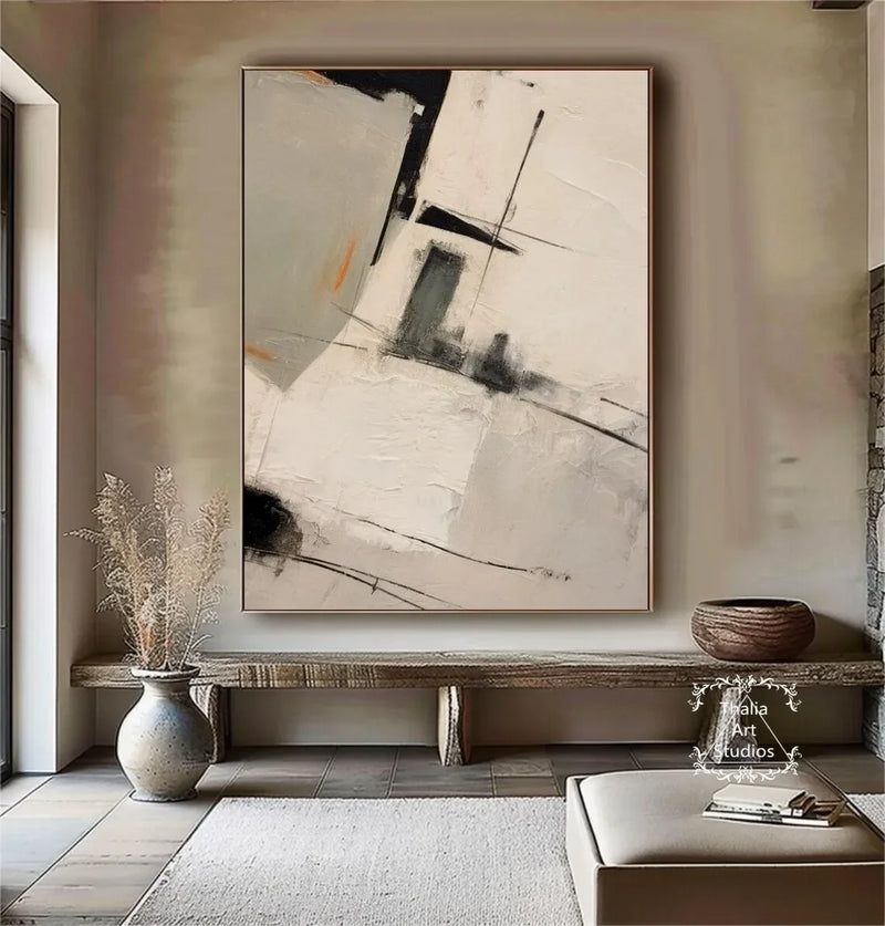 Large Canvas Black Beige Abstract Hand Painted Painting Minimalist Textured Wall Art Handmade Canvas Painting Living Room Decor