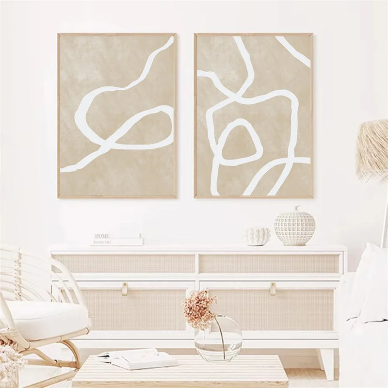 Neutral Boho Beige Posters Abstract White Lines Wall Art Canvas Painting Prints Pictures Modern Living Room Interior Home Decor