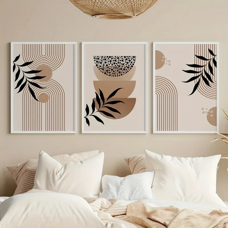 3pcs Modern Wall Art Boho Gallery,Mid Century Modern Prints,Neutral Art Boho Brown Geometric Black Leaves Canvas Print,No Frame