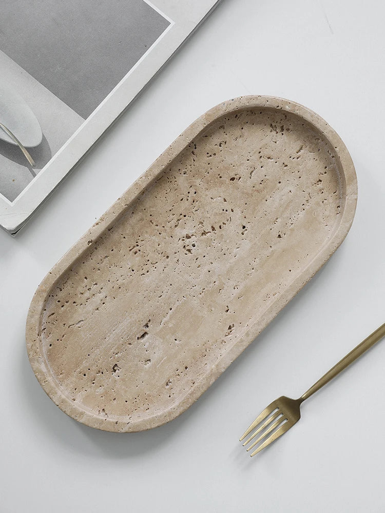 Minimalism Marble Tray for Perfume Candles Jewelry Travertine Stone Vanity Tray for Dresser Countertop Coffee Table Serving