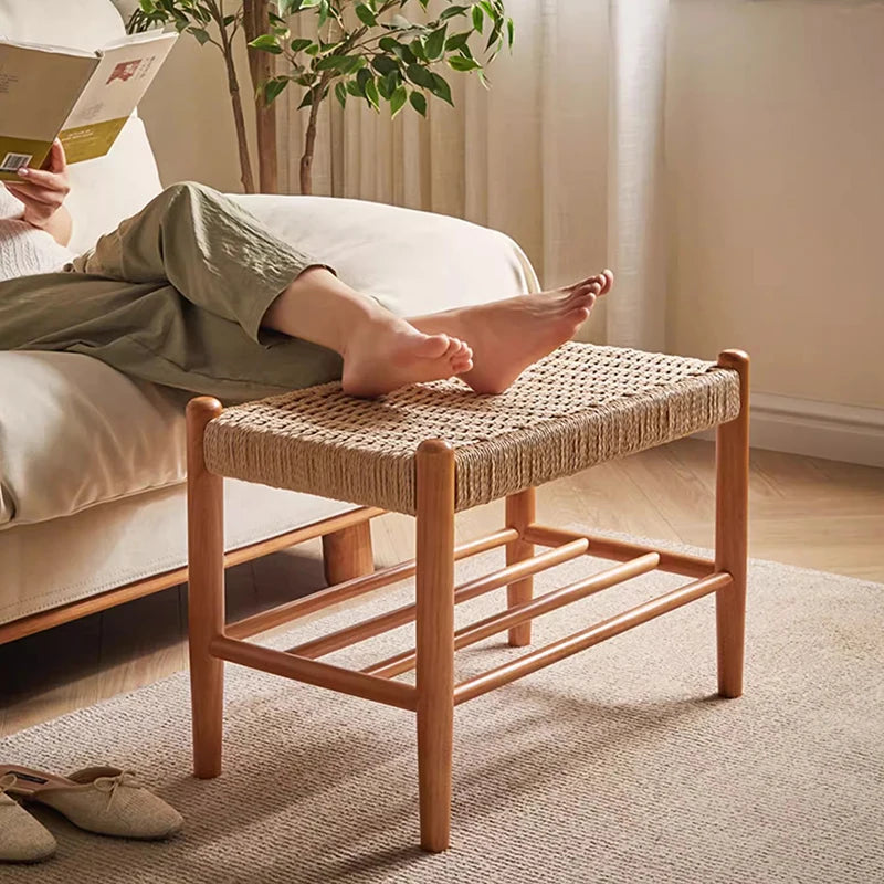 Solid Wood Rattan Woven Shoe Stool Retro Style Porch Shoe Rack Shoe Changing Stool Furniture Blending Tradition with Modern
