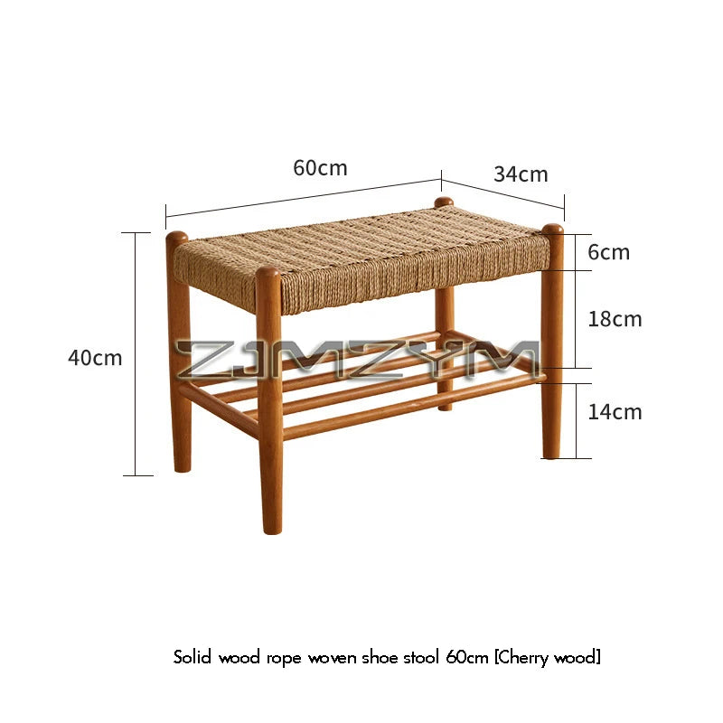 Solid Wood Rattan Woven Shoe Stool Retro Style Porch Shoe Rack Shoe Changing Stool Furniture Blending Tradition with Modern