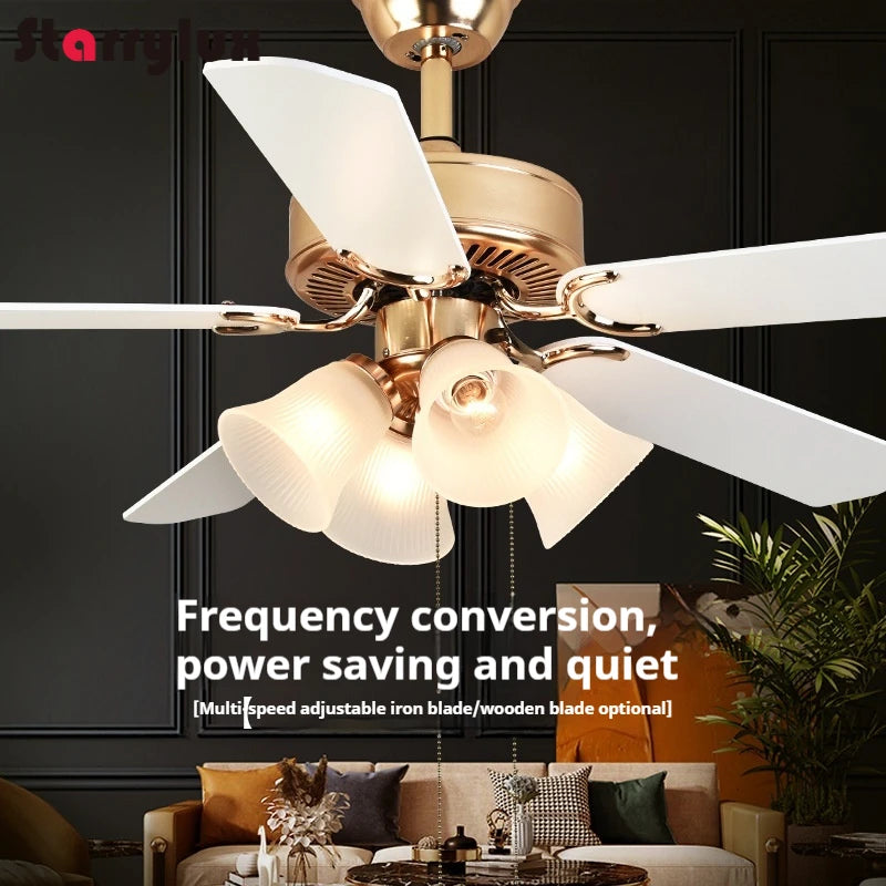 5-Blade LED Ceiling Fan Light, Wood/Metal Blades, Glass Shade, Vintage Style Fan Lamp, for Bedroom/Living Room