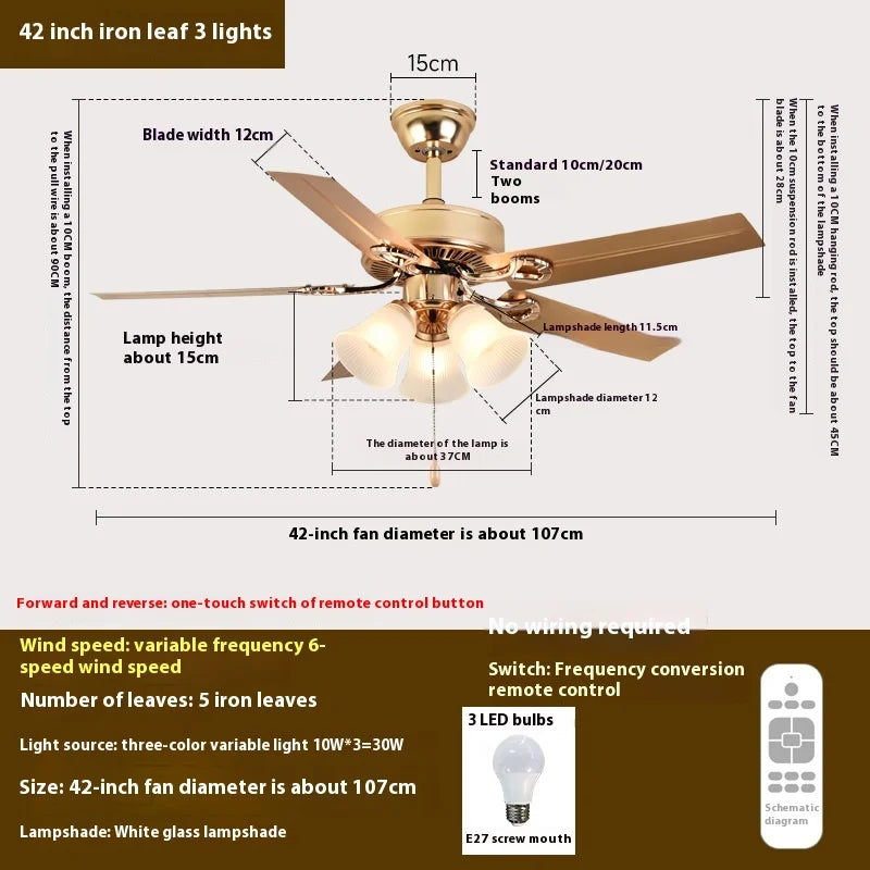 5-Blade LED Ceiling Fan Light, Wood/Metal Blades, Glass Shade, Vintage Style Fan Lamp, for Bedroom/Living Room
