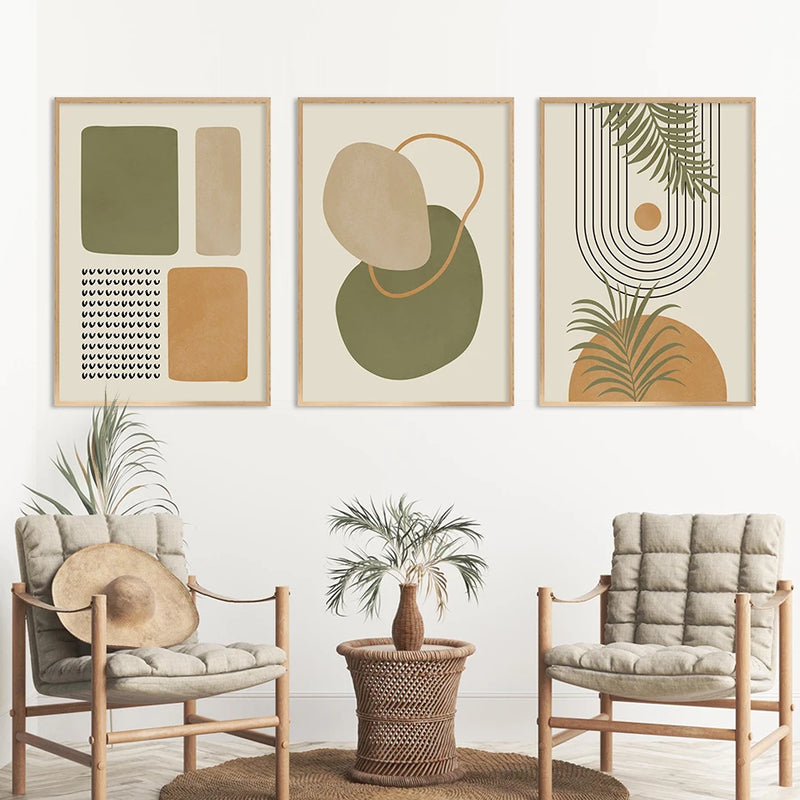 Boho Green Beige Geometric Leaves Abstract Poster Mid Century Wall Art Canvas Painting Prints Picture Living Room Interior Decor