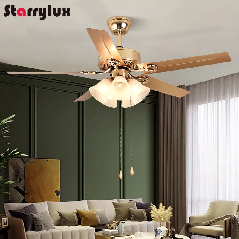 5-Blade LED Ceiling Fan Light, Wood/Metal Blades, Glass Shade, Vintage Style Fan Lamp, for Bedroom/Living Room