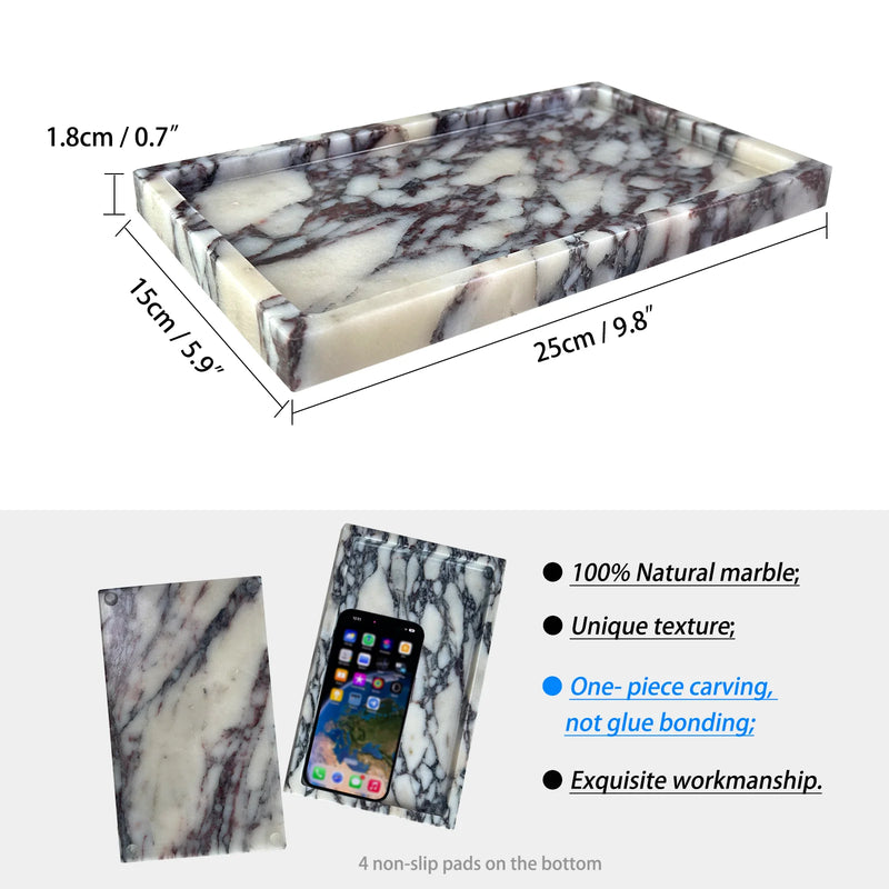 Natural Marble Vanity Tray 10"x6", Genuine Calacatta Viola Marble Stone Tray for Bathroom/Kitchen/Dresser