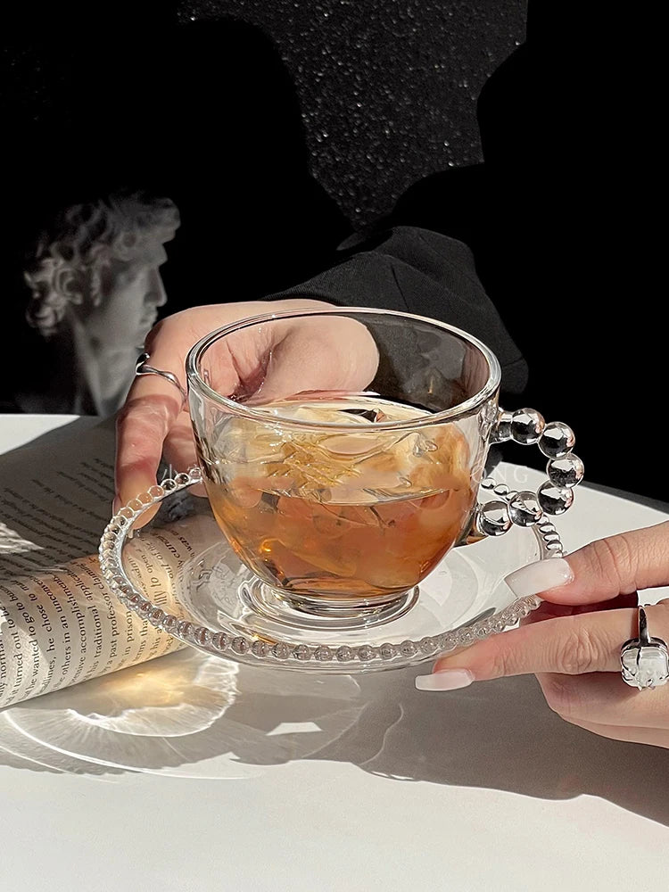 195/200ml Retro French Glass Coffee Cup And Plate Home Afternoon Tea Beads Handle Breakfast Milk Cup Dish Flower Cup Saucer Sets