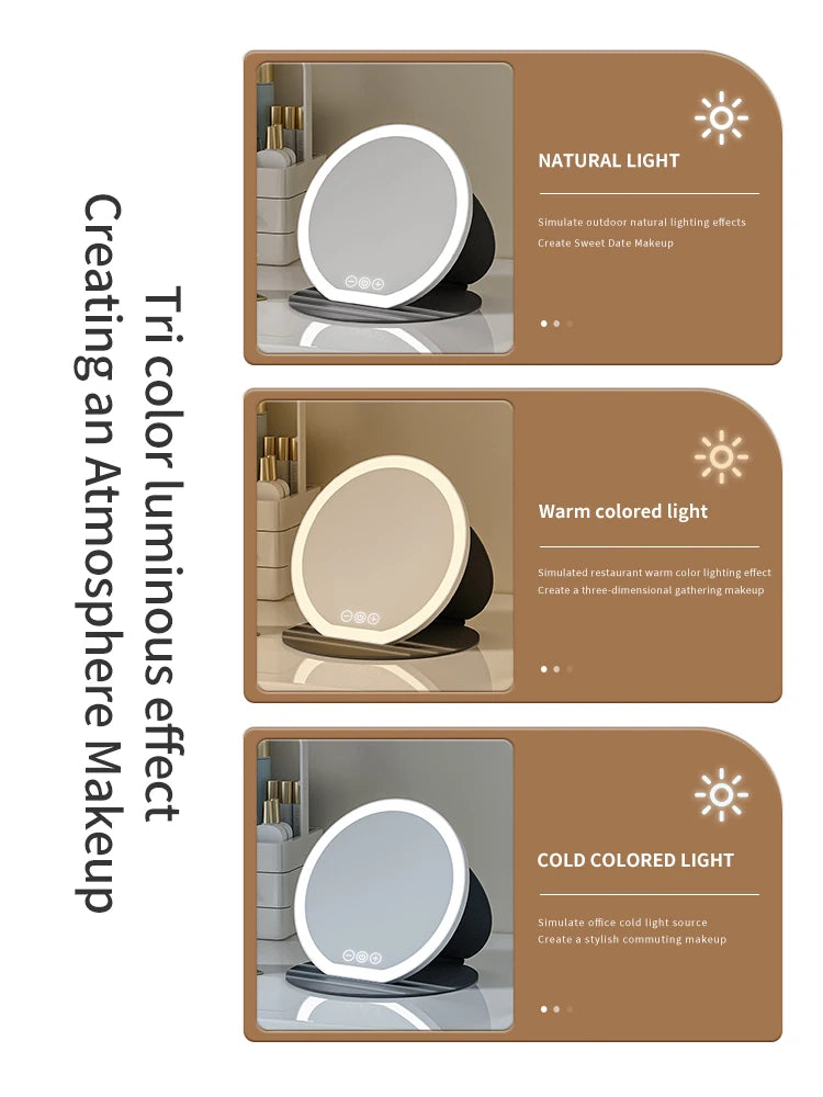3 Color LED Makeup Mirror Dimmable with Touch Screen Fold Adjust Cosmetic Mirrors 8.66 & 7.28inch for Tabletop Travel & Home Use