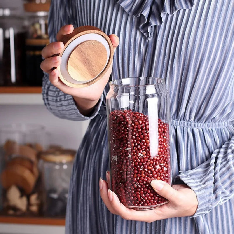 1Pcs Glass Food Storage Jars,Glass Storage Containers Clear Glass Food Canister with Bamboo Lid Airtight For Coffee,Flour, Sugar