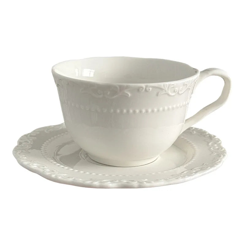 French Light Luxury Embossed Floral Coffee Cup And Plate Set Exquisite Afternoon Tea Ceramic Cup